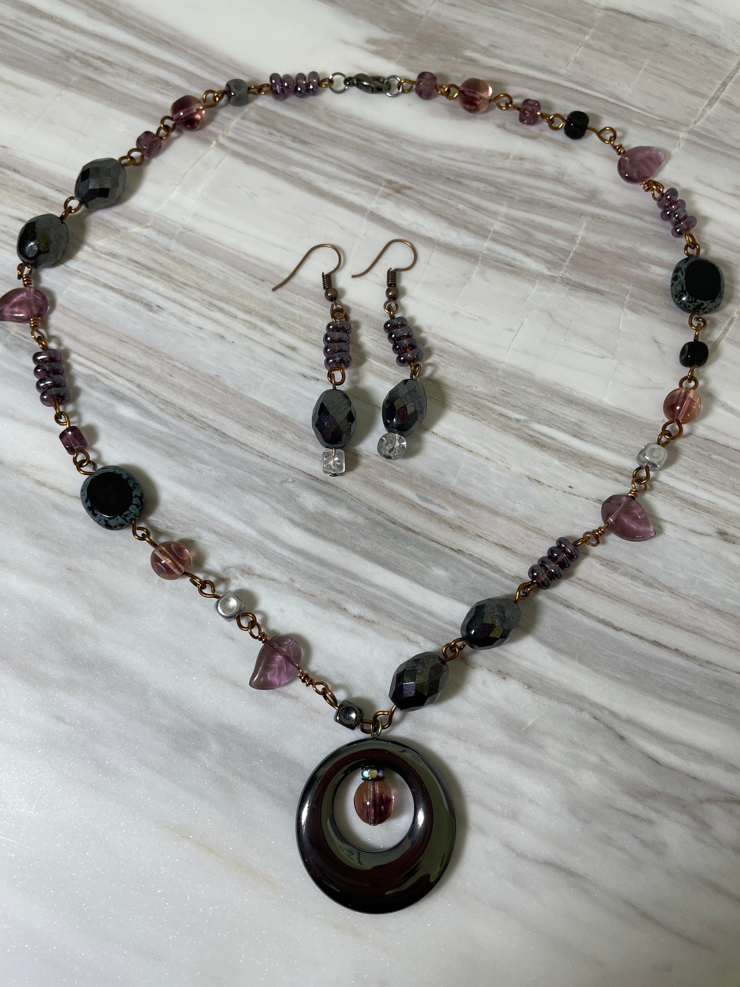 Hematite Donut Necklace and Earrings