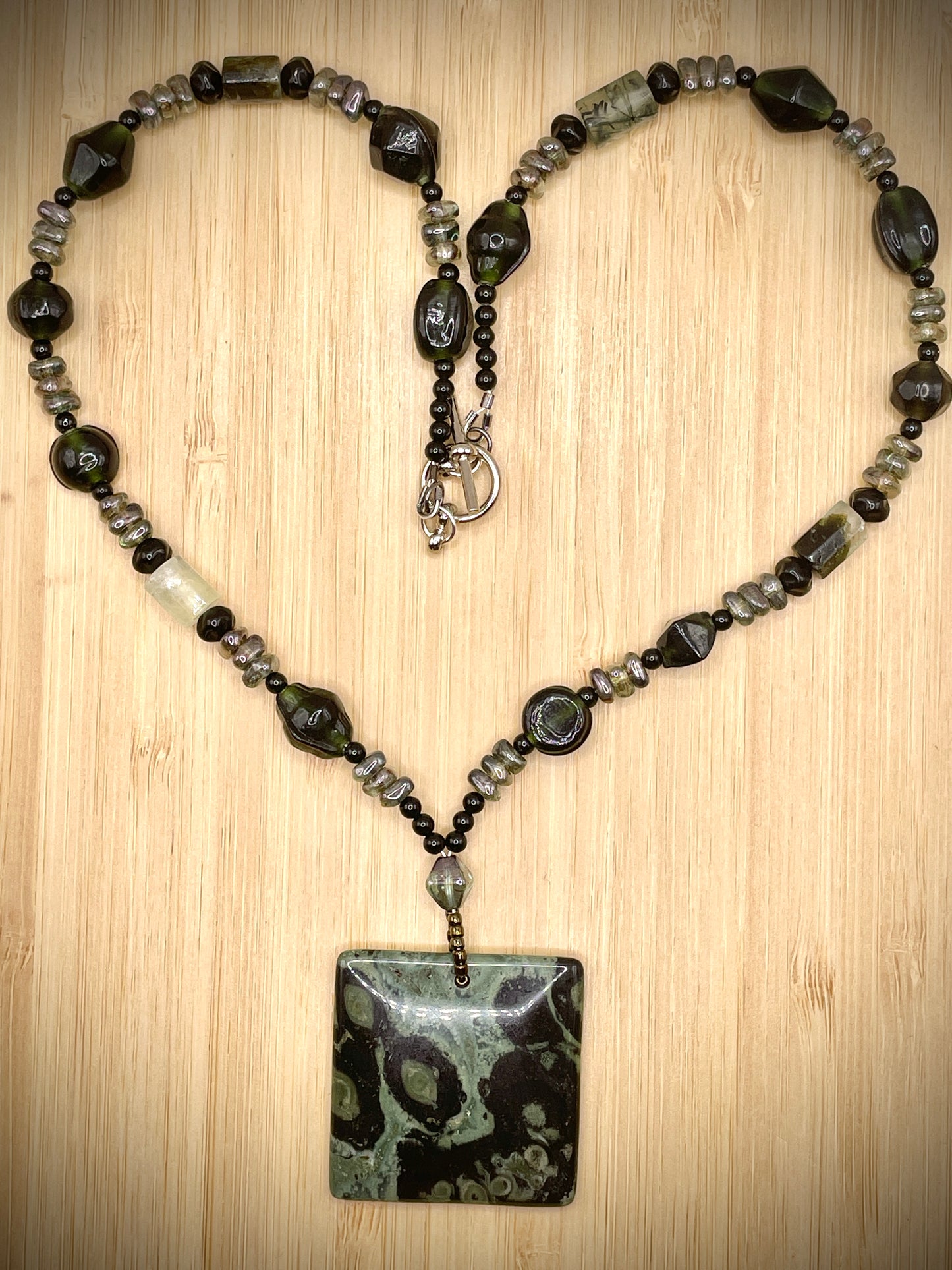 Kambaba Jasper Square Pendant Beaded Necklace