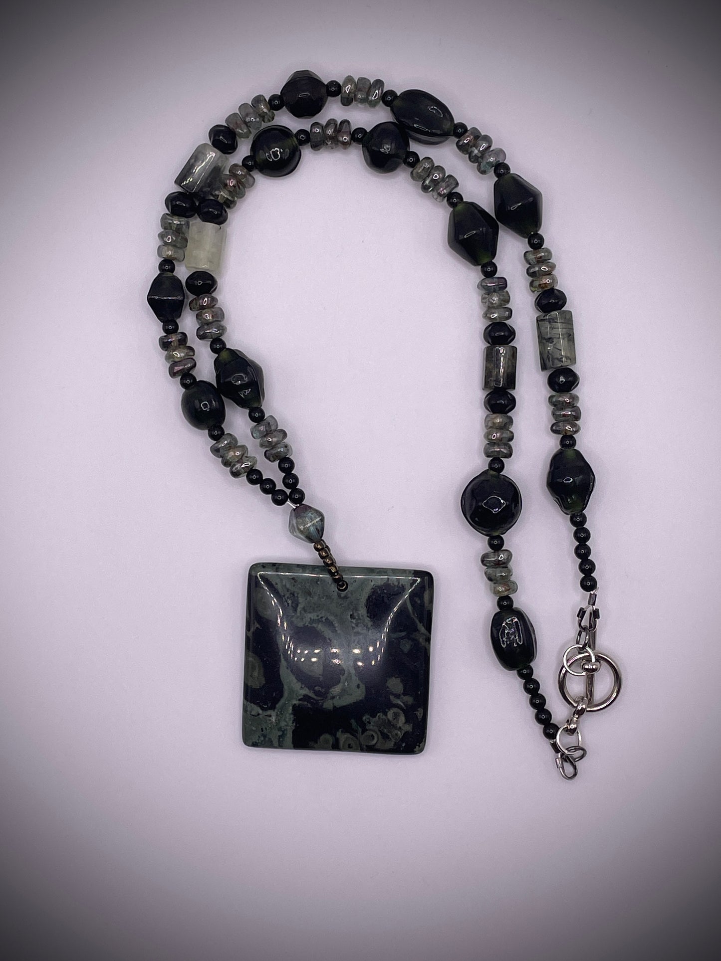 Kambaba Jasper Square Pendant Beaded Necklace