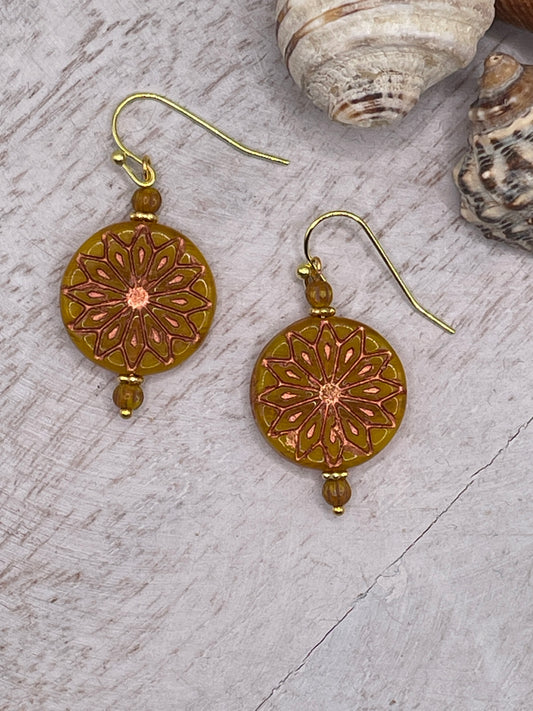 Mandala Flower, Czech Glass, Yellow Opal Mix Copper