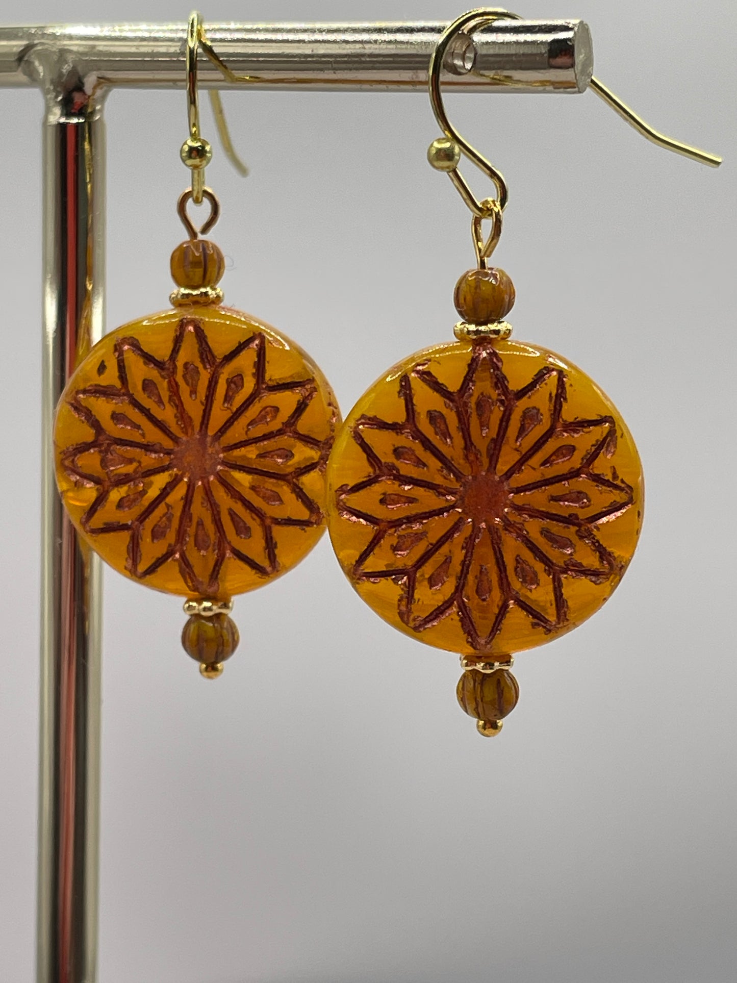 Mandala Flower, Czech Glass, Yellow Opal Mix Copper